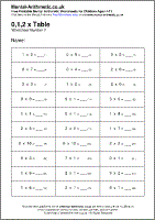 0,1,2 x Table Worksheet - Free printable PDF maths worksheets from Mental Arithmetic