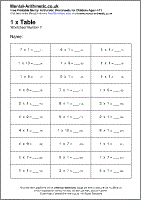 1 x Table Worksheet - Free printable PDF maths worksheets from Mental Arithmetic