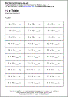 10 x Table Worksheet - Free printable PDF maths worksheets from Mental Arithmetic