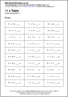 11 x Table Worksheet - Free printable PDF maths worksheets from Mental Arithmetic