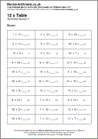 12 x Table Worksheet - Free printable PDF maths worksheets from Mental Arithmetic