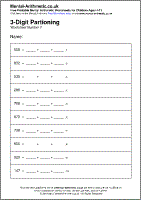 3-Digit Partioning Worksheet - Free printable PDF maths worksheets from Mental Arithmetic