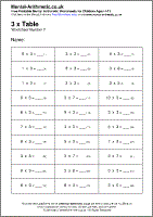 3 x Table Worksheet - Free printable PDF maths worksheets from Mental Arithmetic