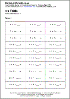 4 x Table Worksheet - Free printable PDF maths worksheets from Mental Arithmetic