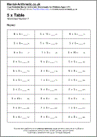 5 x Table Worksheet - Free printable PDF maths worksheets from Mental Arithmetic