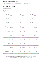 6,7,8,9 x Table Worksheet - Free printable PDF maths worksheets from Mental Arithmetic