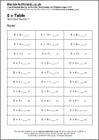 6 x Table Worksheet - Free printable PDF maths worksheets from Mental Arithmetic