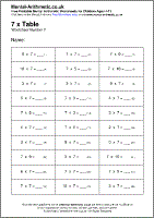 7 x Table Worksheet - Free printable PDF maths worksheets from Mental Arithmetic