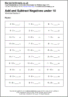 Add and Subtract Negatives under 10 Worksheet - Free printable PDF maths worksheets from Mental Arithmetic