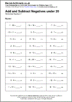 Add and Subtract Negatives under 20 Worksheet - Free printable PDF maths worksheets from Mental Arithmetic