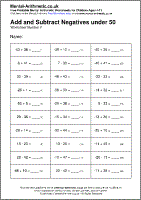 Add and Subtract Negatives under 50 Worksheet - Free printable PDF maths worksheets from Mental Arithmetic