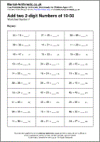 Add two 2-digit Numbers of 10-50 Worksheet - Free printable PDF maths worksheets from Mental Arithmetic