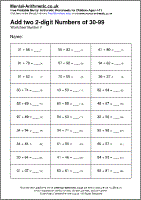 Add two 2-digit Numbers of 30-99 Worksheet - Free printable PDF maths worksheets from Mental Arithmetic