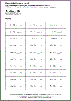 Adding 10 Worksheet - Free printable PDF maths worksheets from Mental Arithmetic