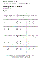 Adding Mixed Fractions Worksheet - Free printable PDF maths worksheets from Mental Arithmetic