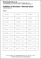 Addition of Decimals 1 decimal place Worksheet - Free printable PDF maths worksheets from Mental Arithmetic