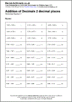 Addition of Decimals 2 decimal places Worksheet - Free printable PDF maths worksheets from Mental Arithmetic