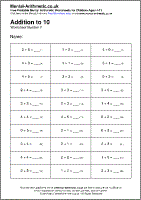 Addition to 10 Worksheet - Free printable PDF maths worksheets from Mental Arithmetic