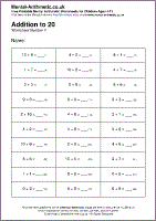 Addition to 20 Worksheet - Free printable PDF maths worksheets from Mental Arithmetic