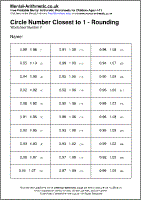Circle Number Closest to 1 - Rounding Worksheet - Free printable PDF maths worksheets from Mental Arithmetic