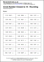 Circle Number Closest to 10 - Rounding Worksheet - Free printable PDF maths worksheets from Mental Arithmetic