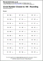Circle Number Closest to 100 - Rounding Worksheet - Free printable PDF maths worksheets from Mental Arithmetic