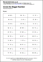 Circle the Bigger Number Worksheet - Free printable PDF maths worksheets from Mental Arithmetic
