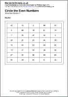 Circle the Even Numbers Worksheet - Free printable PDF maths worksheets from Mental Arithmetic