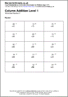 Column Addition Level 1 Worksheet - Free printable PDF maths worksheets from Mental Arithmetic