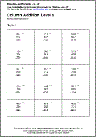 Column Addition Level 6 Worksheet - Free printable PDF maths worksheets from Mental Arithmetic