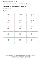 Column Subtraction Level 1 Worksheet - Free printable PDF maths worksheets from Mental Arithmetic