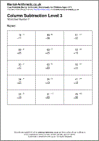 Column Subtraction Level 3 Worksheet - Free printable PDF maths worksheets from Mental Arithmetic