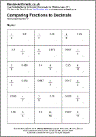 Comparing Fractions to Decimals Worksheet - Free printable PDF maths worksheets from Mental Arithmetic