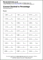 Convert Decimal to Percentage Worksheet - Free printable PDF maths worksheets from Mental Arithmetic