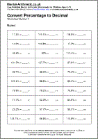 Convert Percentage to Decimal Worksheet - Free printable PDF maths worksheets from Mental Arithmetic