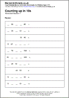 Counting up in 10s Worksheet - Free printable PDF maths worksheets from Mental Arithmetic