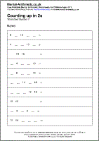 Counting up in 2s Worksheet - Free printable PDF maths worksheets from Mental Arithmetic