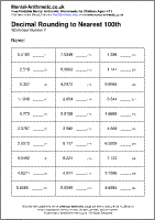 Decimal Rounding to Nearest 100th Worksheet - Free printable PDF maths worksheets from Mental Arithmetic