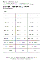 Division - HTU or THTU by TU Worksheet - Free printable PDF maths worksheets from Mental Arithmetic