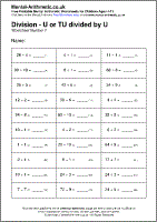 Division - U or TU divided by U Worksheet - Free printable PDF maths worksheets from Mental Arithmetic