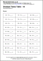 Division Times Table - 10 Worksheet - Free printable PDF maths worksheets from Mental Arithmetic