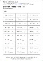Division Times Table - 11 Worksheet - Free printable PDF maths worksheets from Mental Arithmetic