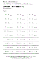 Division Times Table - 12 Worksheet - Free printable PDF maths worksheets from Mental Arithmetic