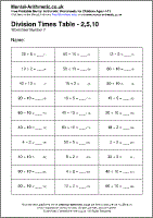 Division Times Table - 2,5,10 Worksheet - Free printable PDF maths worksheets from Mental Arithmetic