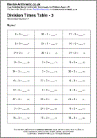 Division Times Table - 3 Worksheet - Free printable PDF maths worksheets from Mental Arithmetic