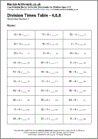 Division Times Table - 4,6,8 Worksheet - Free printable PDF maths worksheets from Mental Arithmetic