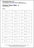 Division Times Table - 4 Worksheet - Free printable PDF maths worksheets from Mental Arithmetic