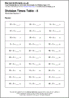 Division Times Table - 5 Worksheet - Free printable PDF maths worksheets from Mental Arithmetic