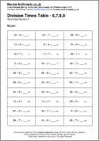 Division Times Table - 6,7,8,9 Worksheet - Free printable PDF maths worksheets from Mental Arithmetic