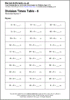 Division Times Table - 6 Worksheet - Free printable PDF maths worksheets from Mental Arithmetic